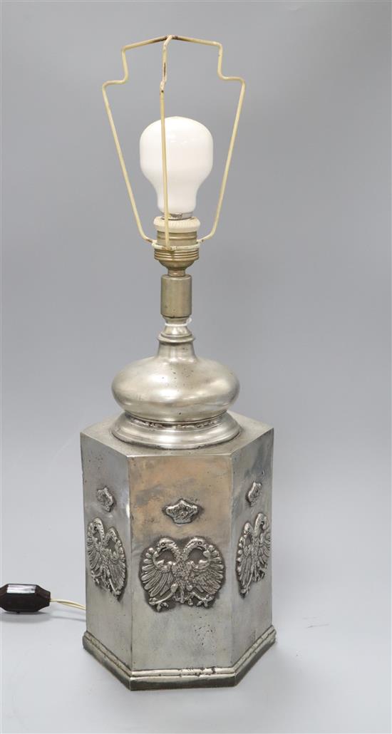 A pewter canister lamp Base H.36cm